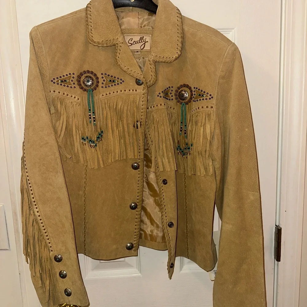 Scully Tan Suede Fringe Jacket with Turquoise Beadwork - Picture 2 of 4